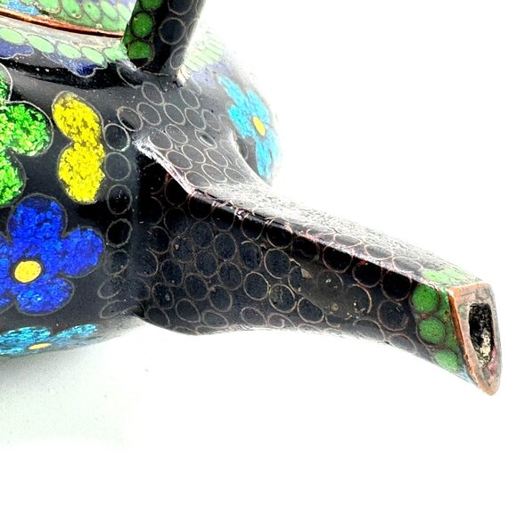 Cloisonné Vtg Floral Teapot Handle Lid Multicolor Enamel On Black Metal 5.5" - Picture 4 of 11